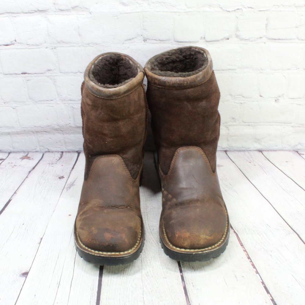 UGG Brown Leather Suede Sheepskin Lined Winter Boots Size 10 - Picture 5 of 9